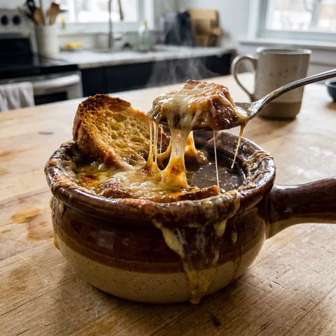French Onion Soup Photo of French Onion Soup (Deeply Caramelized, Cheesy Crouton Top)
