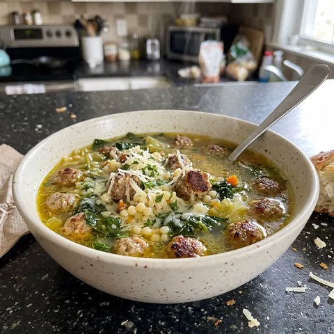 Italian Wedding Soup Photo of Italian Wedding Soup (Tender Meatballs, Greens & Pasta)
