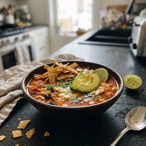 Chicken Tortilla Soup Photo of Chicken Tortilla Soup (Crunchy Strips, Ready in 35 Minutes)