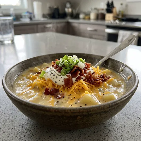 Loaded Baked Potato Soup Photo of Loaded Baked Potato Soup (Bacon, Cheddar & Sour Cream)