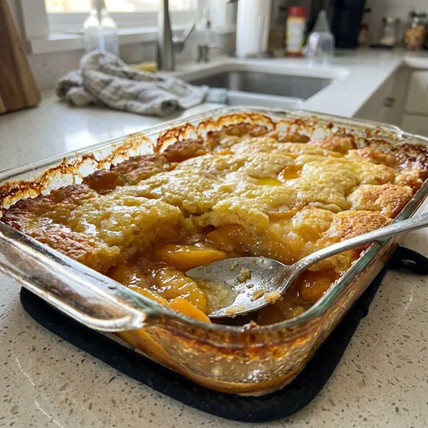 Peach Cobbler With Cake Mix Photo of Peach Cobbler With Cake Mix (3-Ingredient Dump Cake)